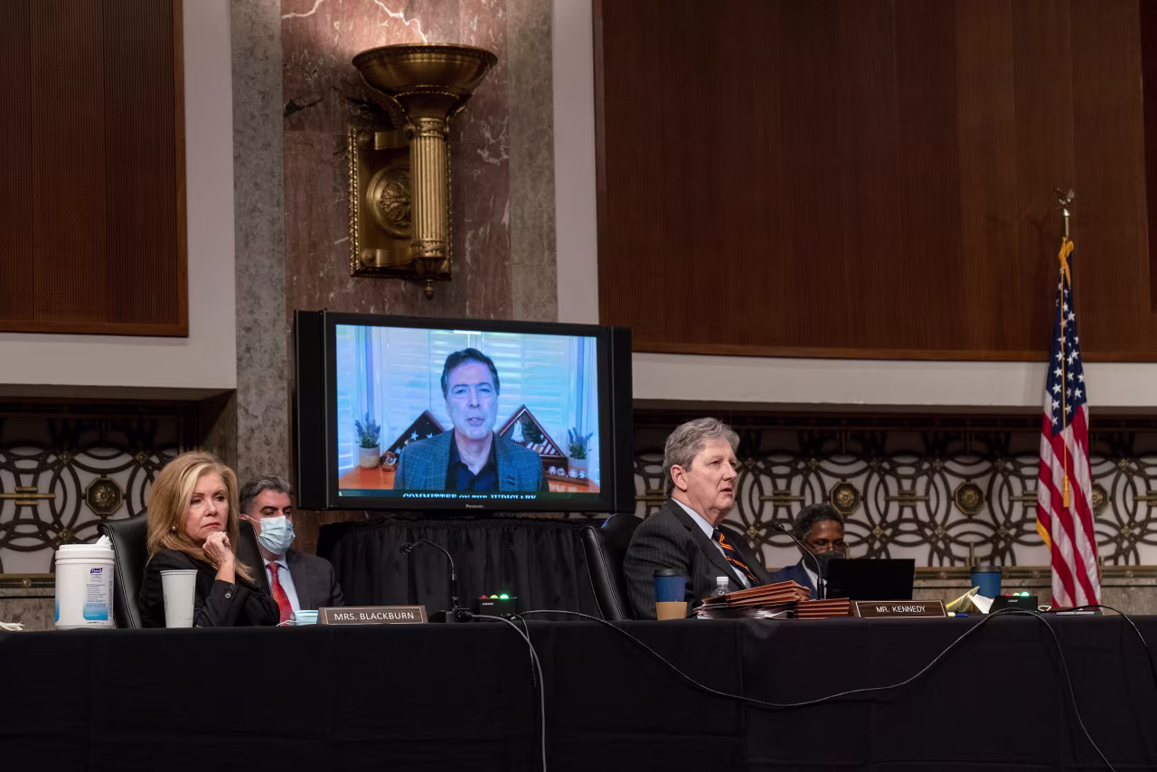U.S. Sen. John Kennedy (R-LA) questions former FBI Director James Comey, who was appearing remotely, at a hearing of the Senate Judiciary Committee on September 30, 2020 in Washington, DC.