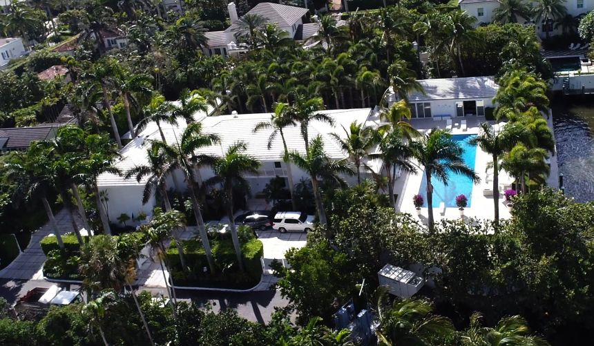 Aerial view of Jeffrey Epstein's waterfront Palm Beach, Florida, home on El Brillo Way, on October 2, 2020.