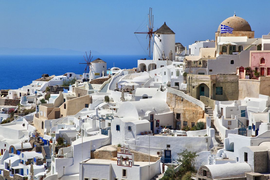 Santorini Island in Greece pictured on July 3, 2016. Buildings clad in white paint reflect sunlight, helping them cooler.