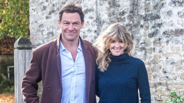 COTSWOLDS, ENGLAND - OCTOBER 13: Dominic West and wife Catherine FitzGerald make a statement to press outside their Cotswolds home after Dominic was seen kissing actress Lily James whilst in Rome on October 13, 2020 in Cotswolds, England. (Photo by GlosPics/MEGA/GC Images)