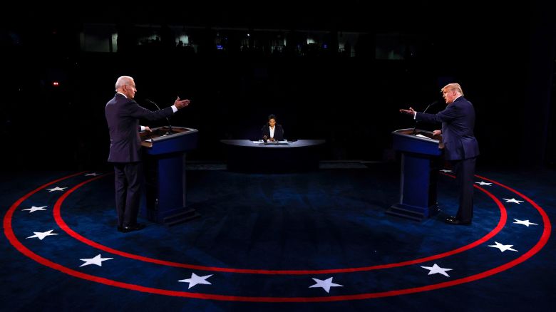 Donald Trump and Joe Biden participate in the final 2020 presidential debate, moderated by NBC News anchor Kristen Welker at Belmont University in Nashville, Tennessee, on October 22, 2020.