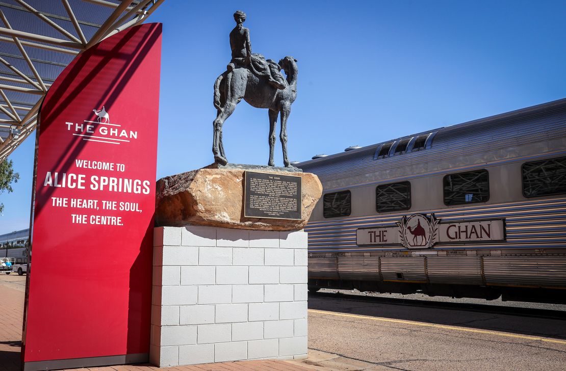 The Ghan train makes a stop at the Alice Springs Railway Station in Australia's Northern Territory.