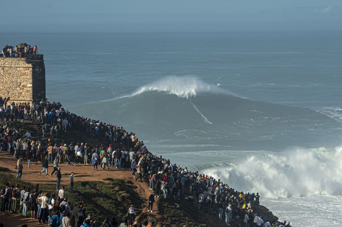 Steudtner rides a wave at the famed surf spot Nazaré, Portugal, in October 2020.