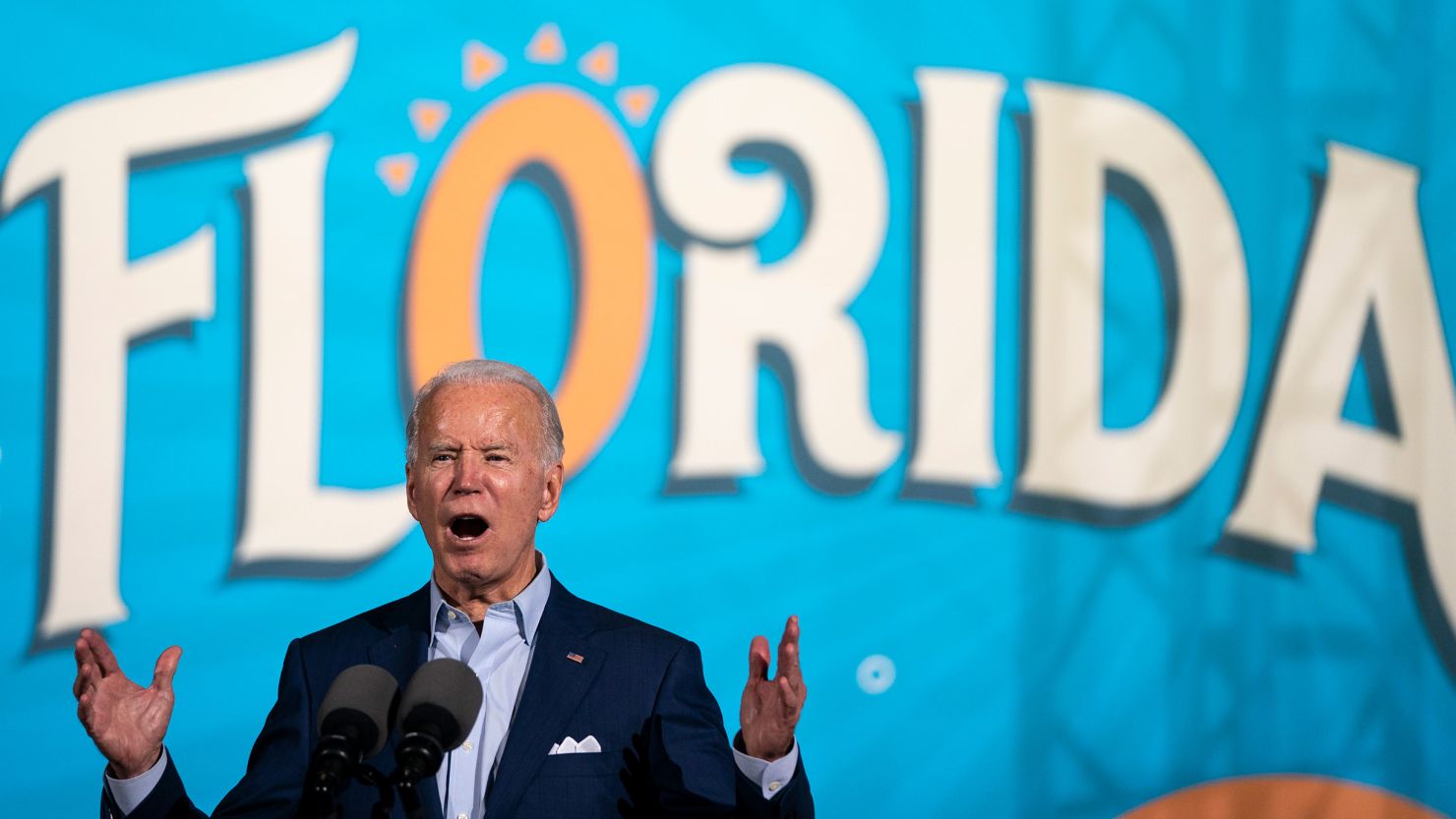 In this 2020 photo, then-Democratic presidential nominee Joe Biden speaks during a drive-in campaign rally at the Florida State Fairgrounds in Tampa, Florida.
