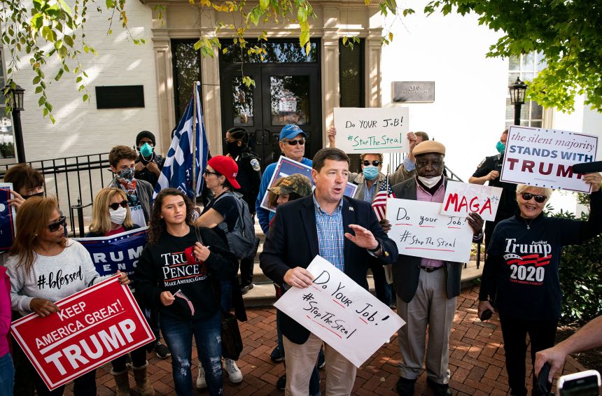 Ed Martin, then the president of the Phyllis Schlafly Eagles, a conservative political organization based in St. Louis, Missouri, speaks during a news conference outside the Republican National Committee headquarters on Capitol Hill in Washington, DC, on November 5, 2020.