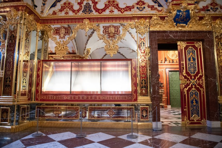 An empty display case in the Jewel Room in Dresden Palace's historic Green Vault, pictured on April 29, 2020, damaged during the break-in a year earlier.