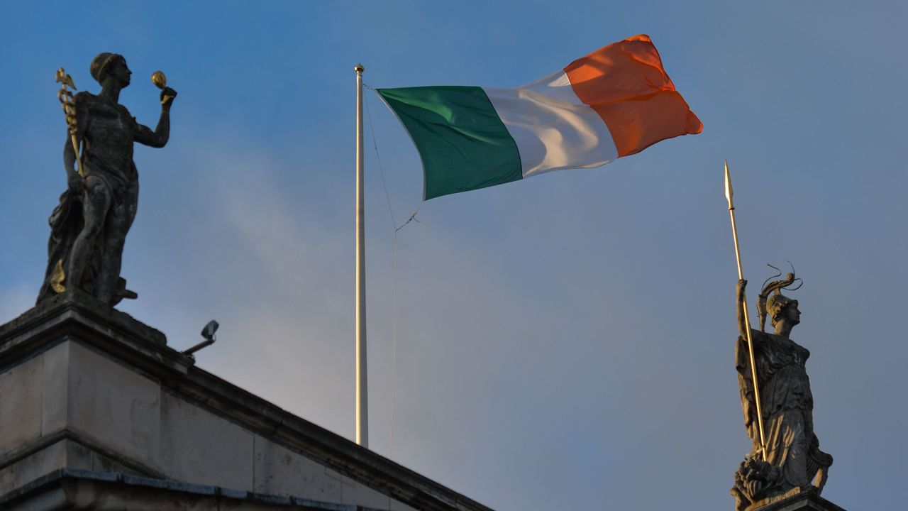 The Irish flag is seen in Dublin's city center in November 2020. 