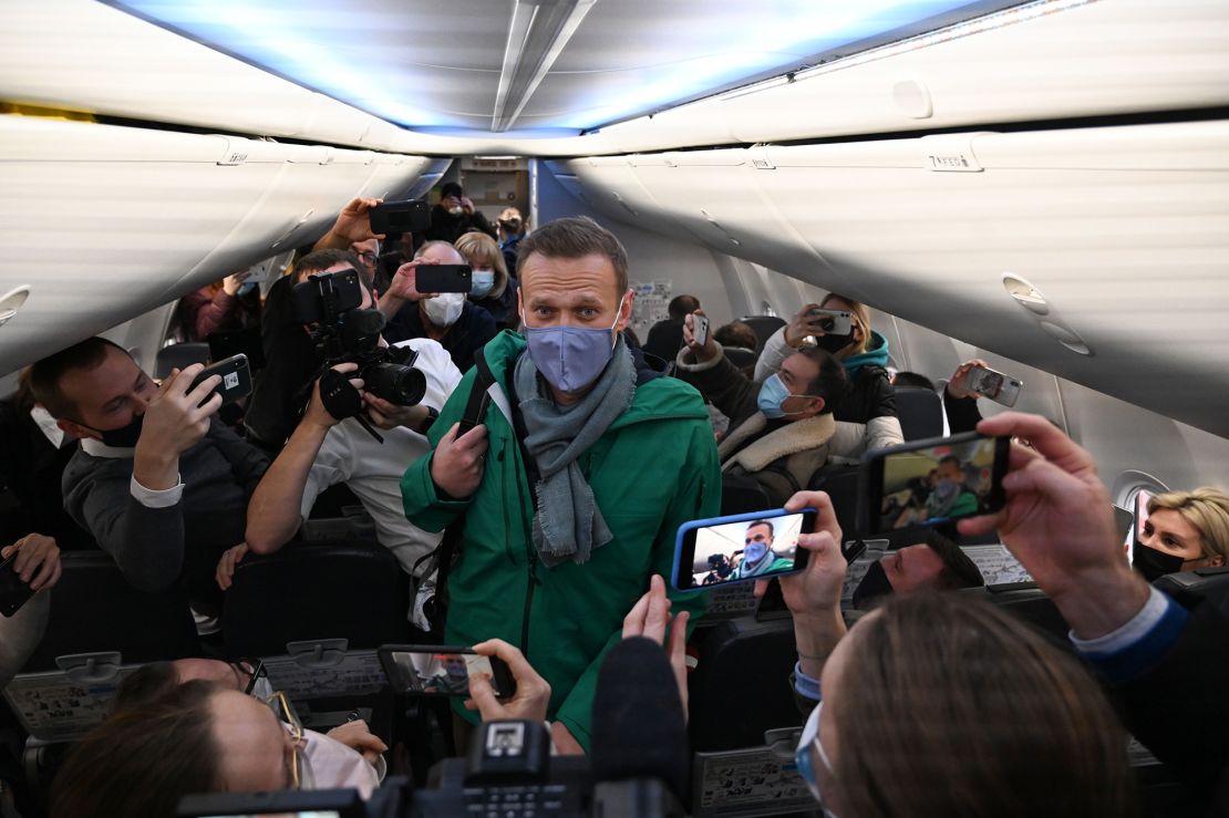 Alexei Navalny was immediately detained by Russian authorities on landing in Moscow from Berlin in January 2021.