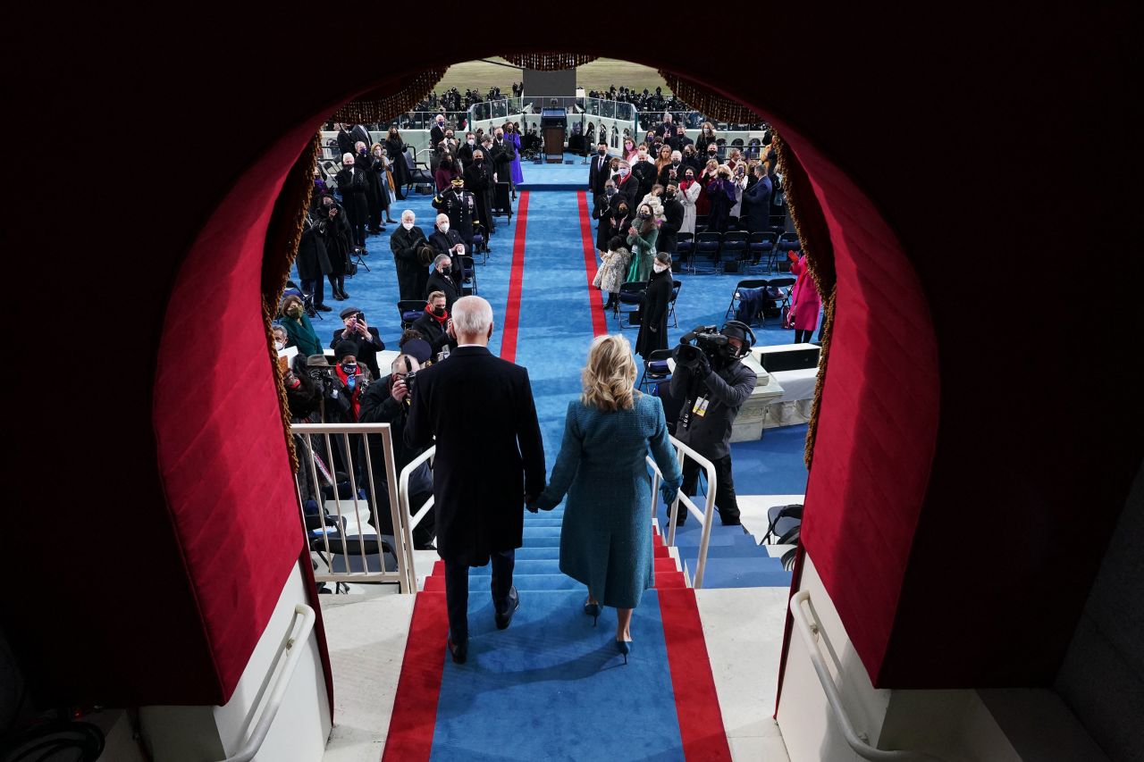 President Joe Biden and first lady Jill Biden arrive for Biden's inauguration as the 46th President on January 20, 2021.