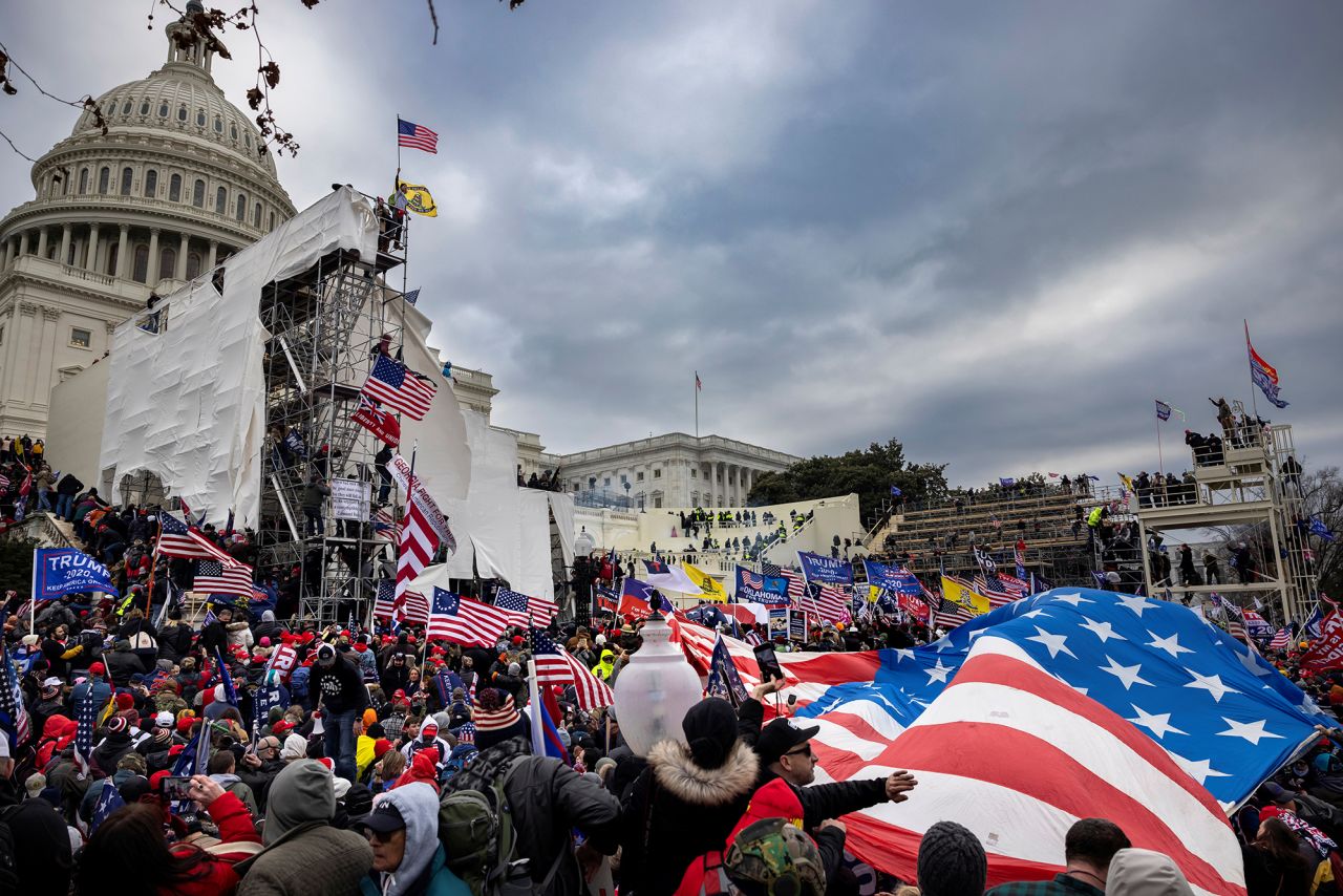 Trump supporters clash with police and security forces as people try to storm the US Capitol on January 6, 2021 in Washington, DC.