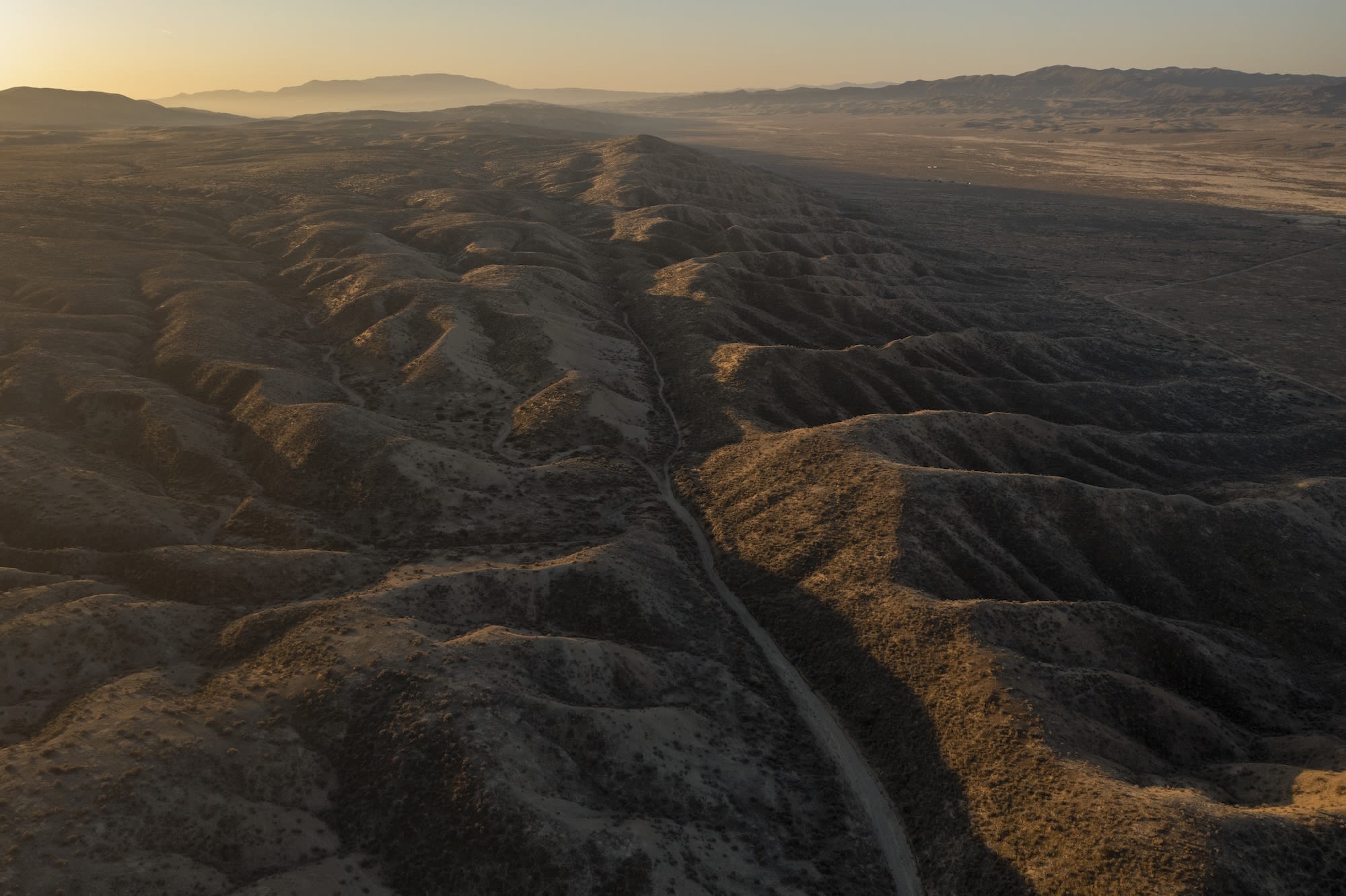 An aerial view of the San Andreas Fault and Elkhorn Scarp south of Carrizo Plain north of New Cuyama, California. Part of the fault passes as close as 35 miles from Los Angeles.