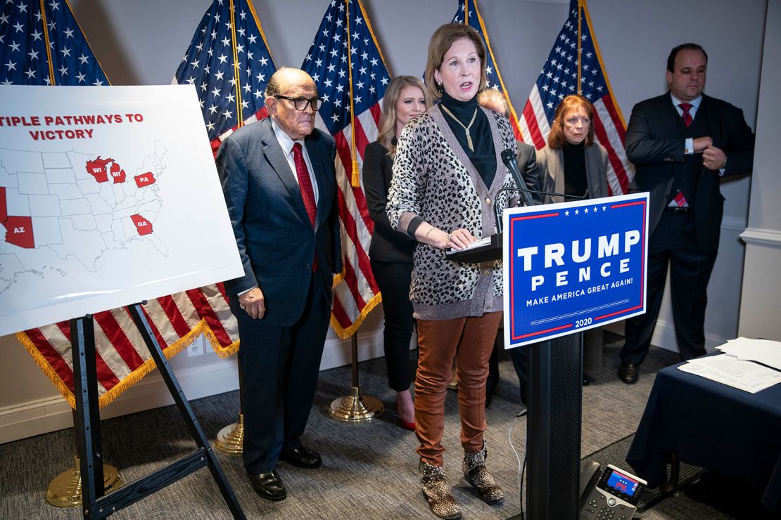 Sidney Powell speaks during a news conference with Rudy Giuliani about lawsuits contesting the results of the presidential election on Nov. 19, 2020.