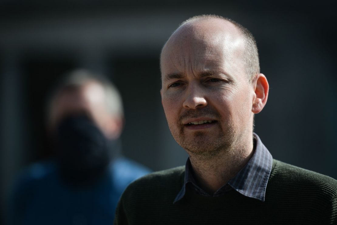 Paul Murphy, an Irish SolidarityPeople Before Profit politician speaking to the media outside Leinster House in Dublin On Tuesday, 30 March, 2021, in Dublin, Ireland.