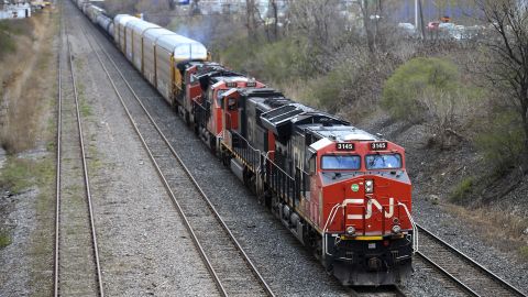 A Canadian National Railway locomotive pulls a train in Montreal.