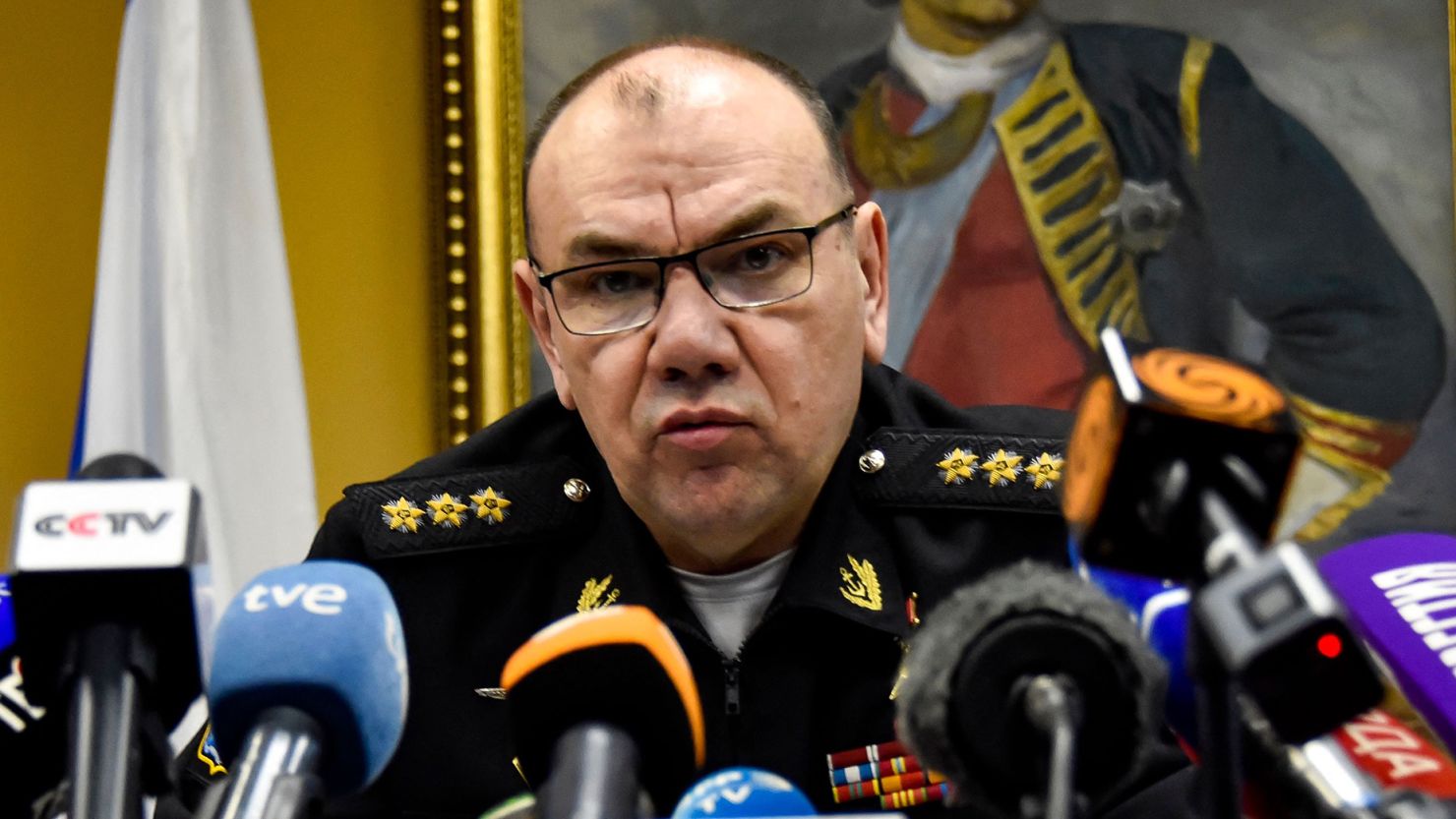 Alexander Moiseyev, the new head of the Russian Navy, is seen speaking to the media at the Arctic port of Severomorsk on May 13, 2021. Moiseev was revealed by state media on Tuesday as the acting commander in chief of the Russian Navy.