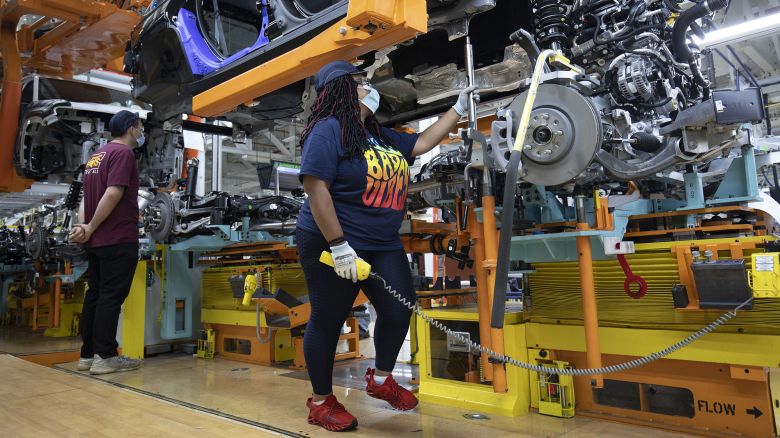 DETROIT, MI - JUNE 10:  A 2021 Jeep Grand Cherokee L goes through assembly at the Stellantis Detroit Assembly Complex-Mack on June 10, 2021 in Detroit, Michigan. The plant is the first new auto assembly plant in Detroit in thirty years, and will manufacture the 2021 Jeep Grand Cherokee L. (Photo by Bill Pugliano/Getty Images)