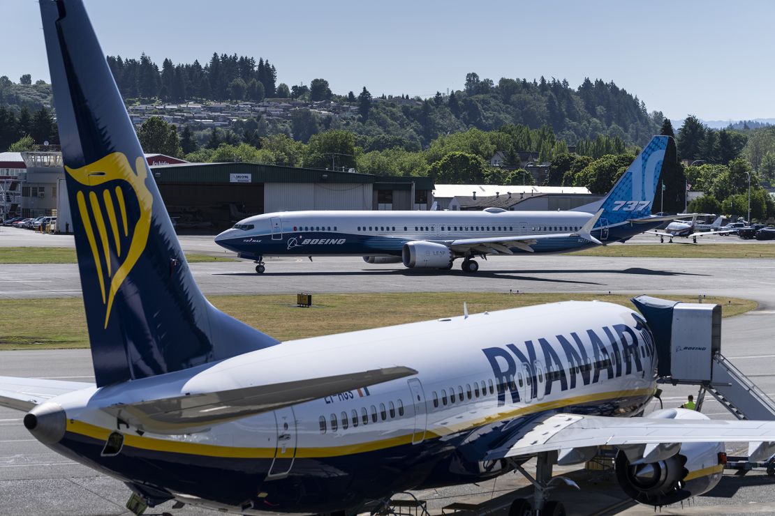 A Boeing 737 MAX 10 airliner pauses on the runway before its first flight at Renton Municipal Airport on June 18, 2021 in Renton, Washington. The 737 MAX 10 is Boeing's newest model since regulators cleared the 737 MAX to fly again in November 2020.