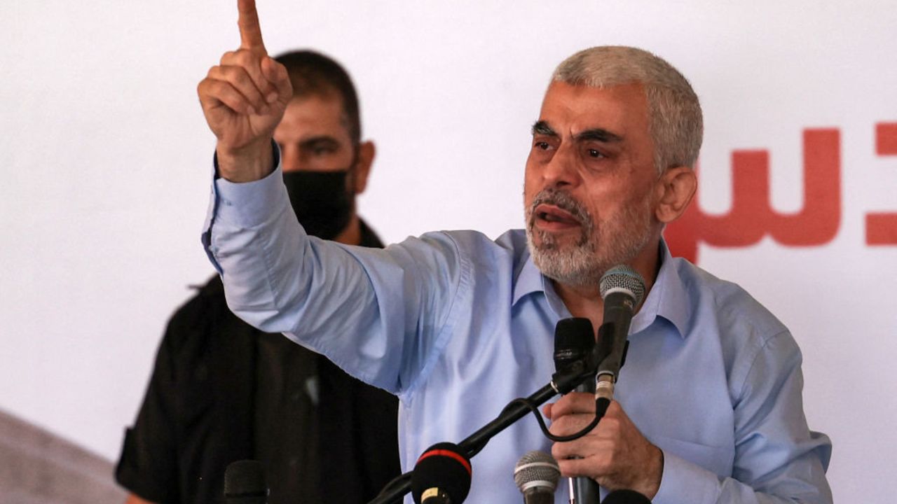 Yahya Sinwar, Hamas' political chief in Gaza, speaks during a rally organised by the representatives of prominent families (mokhtar) in support of "the Palestinian resistence"  in Gaza City, on June 20, 2021. (Photo by MAHMUD HAMS / AFP) (Photo by MAHMUD HAMS/AFP via Getty Images)