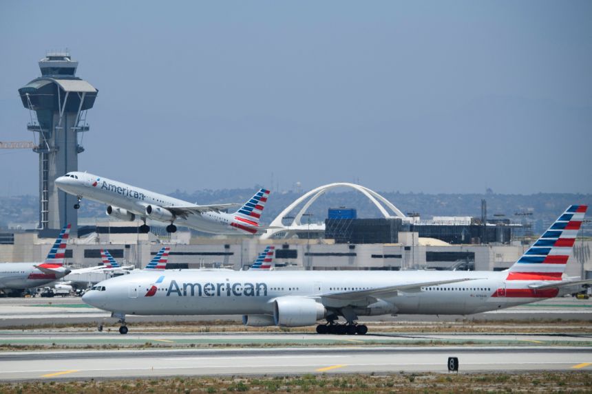 An American Airlines Airbus A321 on the tarmac at Los Angeles International Airport on July 6, 2021.