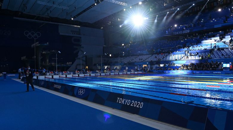 A general view of the main pool is seen during the Tokyo 2020 Olympic Games at the Tokyo Aquatics Centre in Tokyo, Japan, on July 29, 2021.