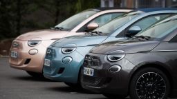 Fiat 500e electric automobiles outside a Fiat showroom, operated by Stellantis NV, in Paris, France, on Monday, Aug. 2, 2021.