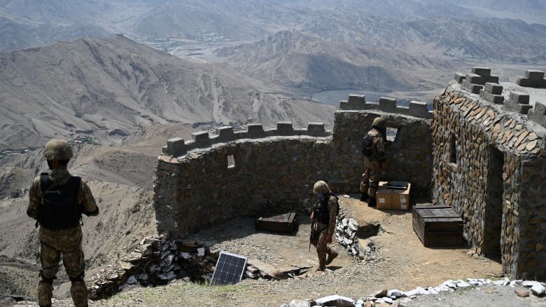 Pakistani troops patrol along Pakistan-Afghanistan border at Big Ben post in the Khyber district of the Khyber Pakhtunkhwa province on August 3, 2021.