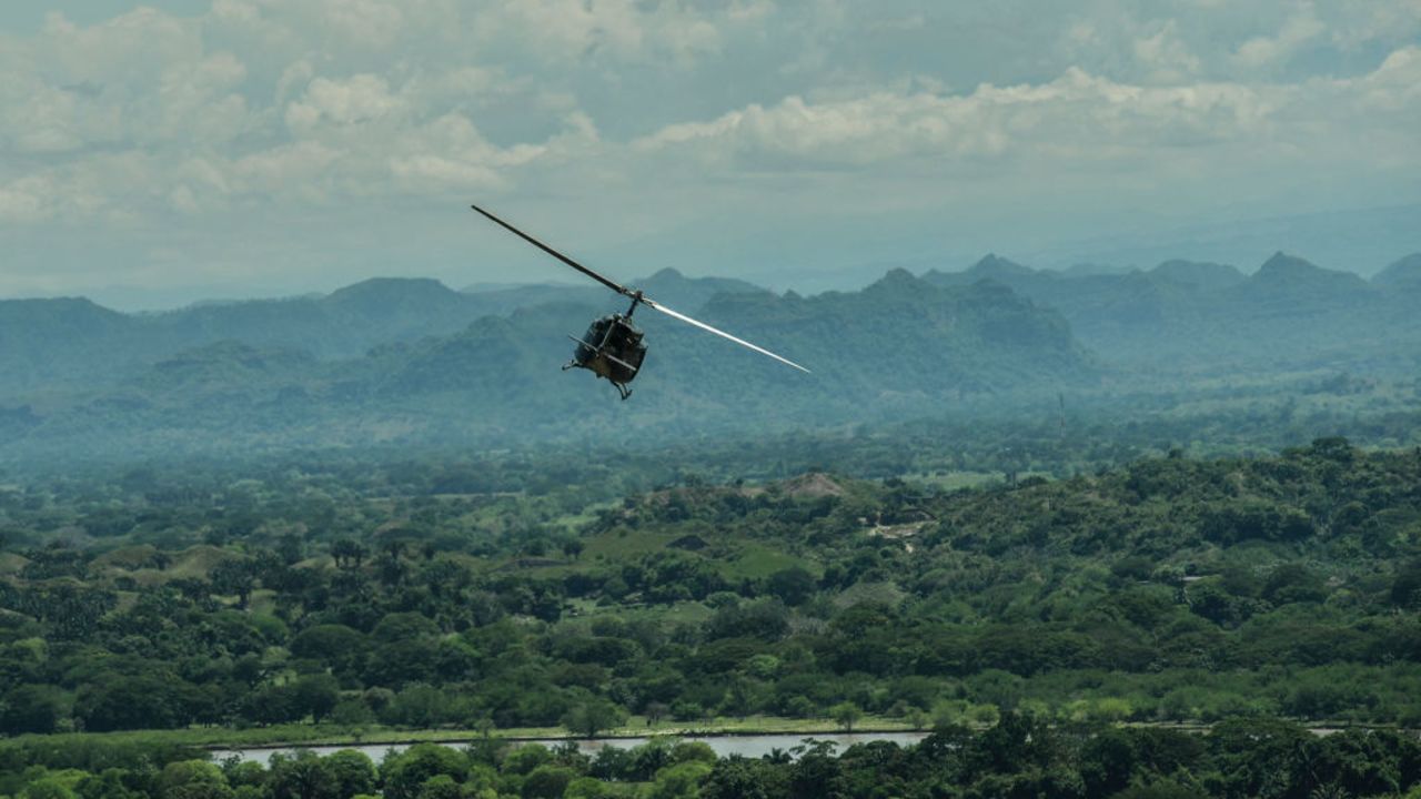 A Colombian Air Force helicopter flies during an earthquake emergency drill with Air Force troops from Colombia, Brazil, Ecuador, Bolivia and the United States at the Palenquero Air Force base in Puerto Salgar, Cundinamarca department, Colombia, on September 2, 2021. - Air Force crews from 15 countries take part in the "Angel de los Andes" exercises, where they simulated several rescue operations in different scenarios. (Photo by JOAQUIN SARMIENTO / AFP) (Photo by JOAQUIN SARMIENTO/AFP via Getty Images)