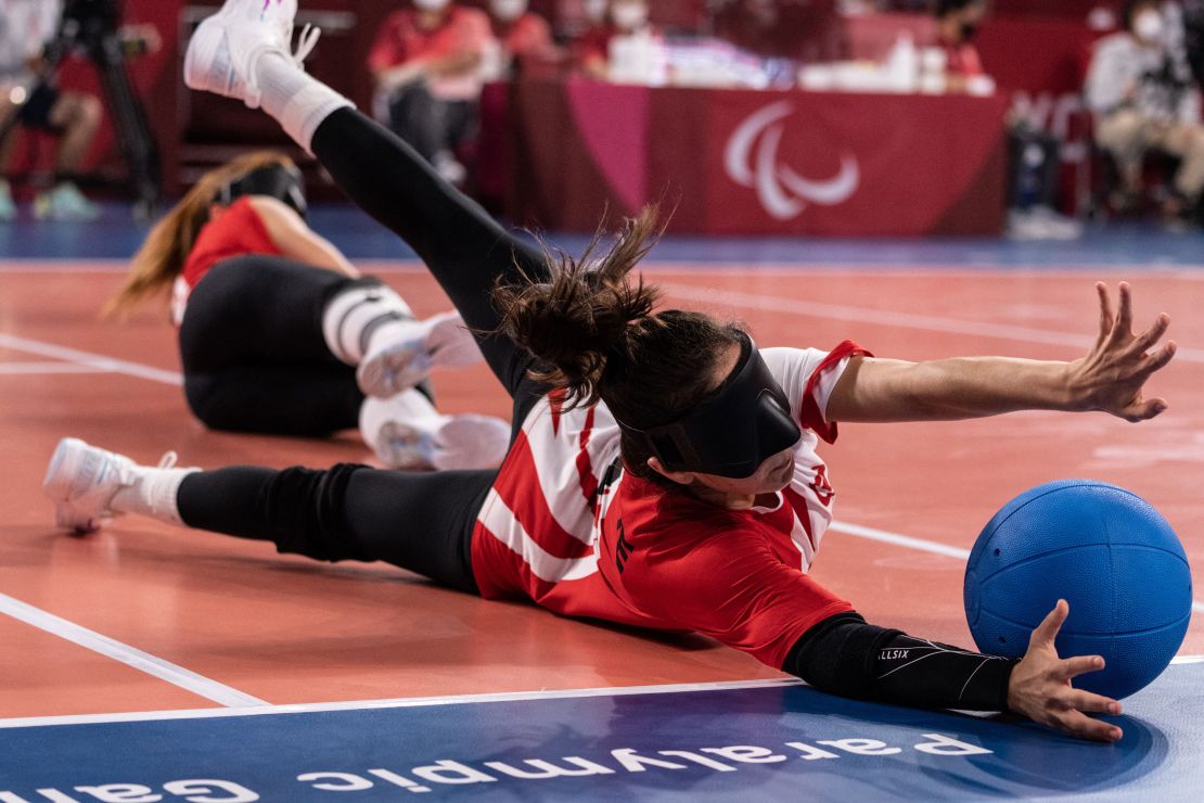 Turkey's Fatma Gül Güler blocks a ball during the goalball women's final match between US and Turkey.