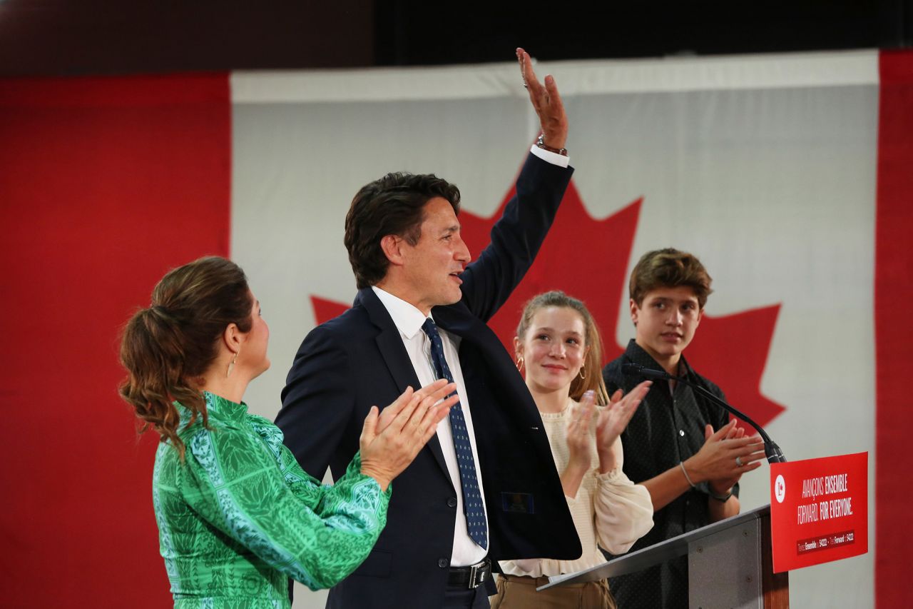 Canada's Prime Minister and Liberal Party Leader Justin Trudeau delivers his victory speech with his wife Sophie Gregoire Trudeau, daughter Ella-Grace and son Xavier at election headquarters on September 20, 2021 in Montreal, Canada.