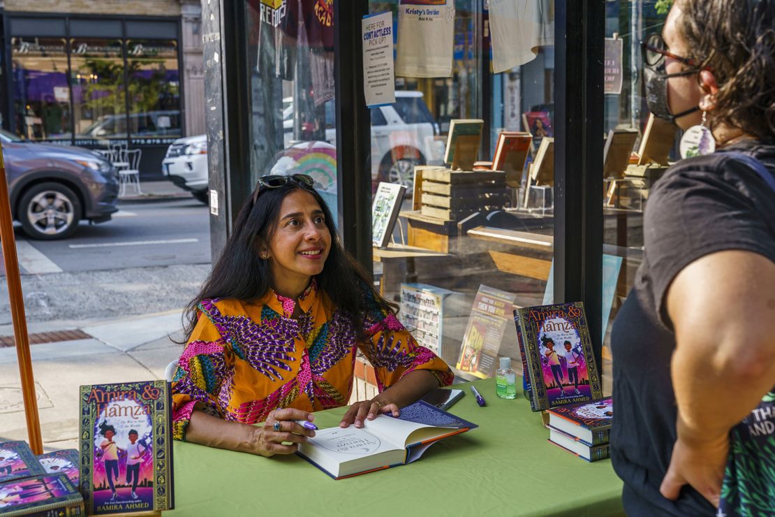 Author Samira Ahmed talks with Laura Gluckman during a book signing at Women & Children First bookstore on Sunday, Sept. 19 2021, in Chicago.