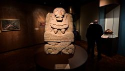 View of the "Señora de la falda de estrellas" (Lady in the stars skirt), of the Popoloca culture, on display at "The Greatness of Mexico" exhibition in the Mexico's National Museum of Anthropology, in Mexico City, on October 5, 2021. - Mexico claims its "greatness" and the restitution of its cultural goods with an exhibition within the framework of the bicentenary of its independence. (Photo by Pedro PARDO / AFP) (Photo by PEDRO PARDO/AFP via Getty Images)