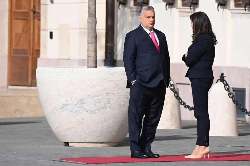 Former President Katalin Novak, pictured here alongside Orban in Budapest in 2021, resigned last weekend.