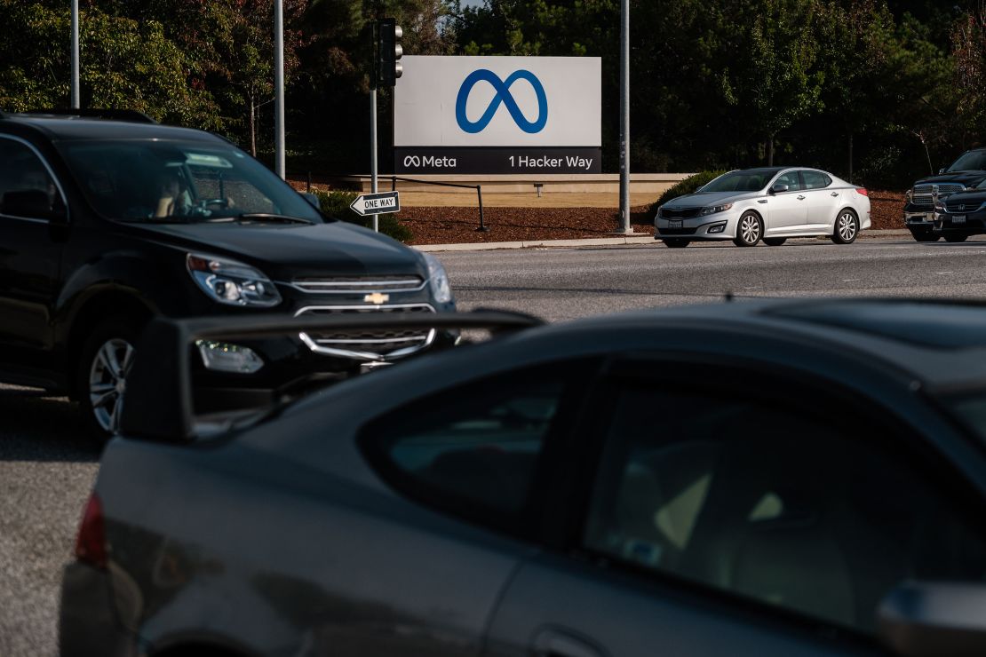 A Meta sign is seen outside outside the company's headquarters in Menlo Park, California, on October 29, 2021, after the rebranding.