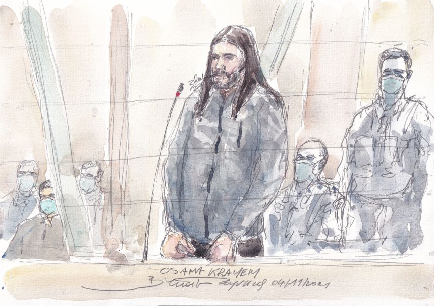 This court sketch from November 2021 shows Osama Krayem, one of the accused, on trial in Paris.