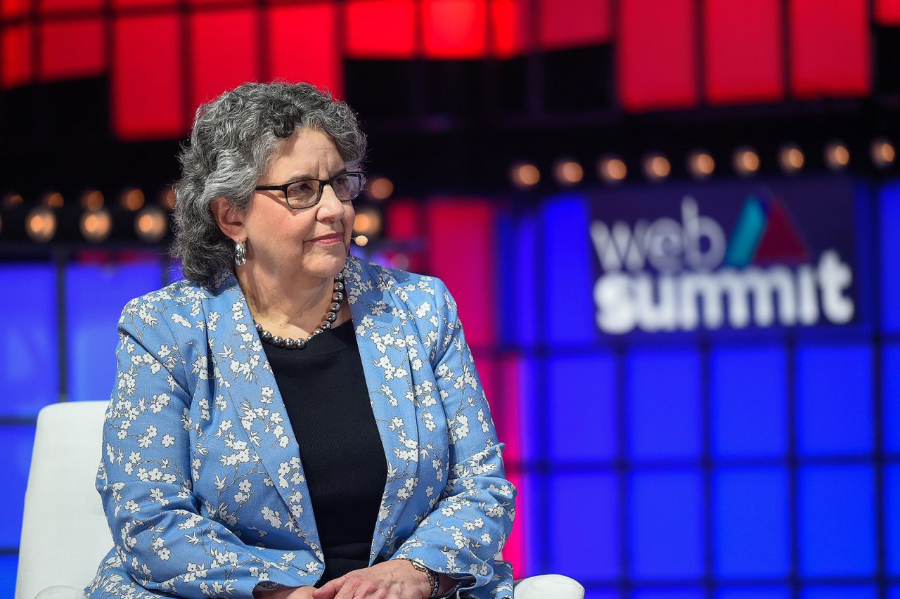 Ellen Weintraub addresses the audience during the last day of the Web Summit 2021 in Lisbon.