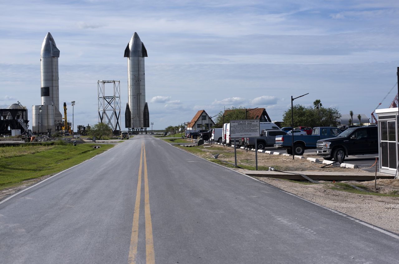 The SpaceX Starbase launch facility under construction at the company's launchpad near Brownsville, Texas, in 2021.