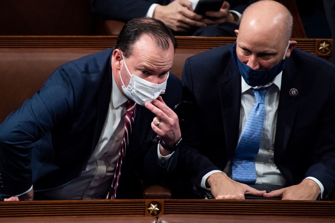 UNITED STATES - JANUARY 6 (FILE): Sen. Mike Lee, R-Utah., left, and Rep. Chip Roy, R-Texas, are seen after rioters attempted to disrupt the Electoral College votes during a joint session of Congress to certify the 2020 presidential election in the House chamber on Wednesday, January 6, 2021.