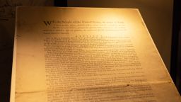 The first printing of the United States Constitution is displayed during an auction at Sotheby's auction house in New York on November 18, 2021. - An extremely rare original copy of the US constitution was sold on November 18, 2021 for $43 million -- a world record for a historical document at auction, Sotheby's said. (Photo by Yuki IWAMURA / AFP) (Photo by YUKI IWAMURA/AFP via Getty Images)