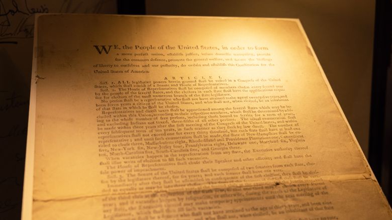 The first printing of the United States Constitution is displayed during an auction at Sotheby's auction house in New York on November 18, 2021. - An extremely rare original copy of the US constitution was sold on November 18, 2021 for $43 million -- a world record for a historical document at auction, Sotheby's said. (Photo by Yuki IWAMURA / AFP) (Photo by YUKI IWAMURA/AFP via Getty Images)