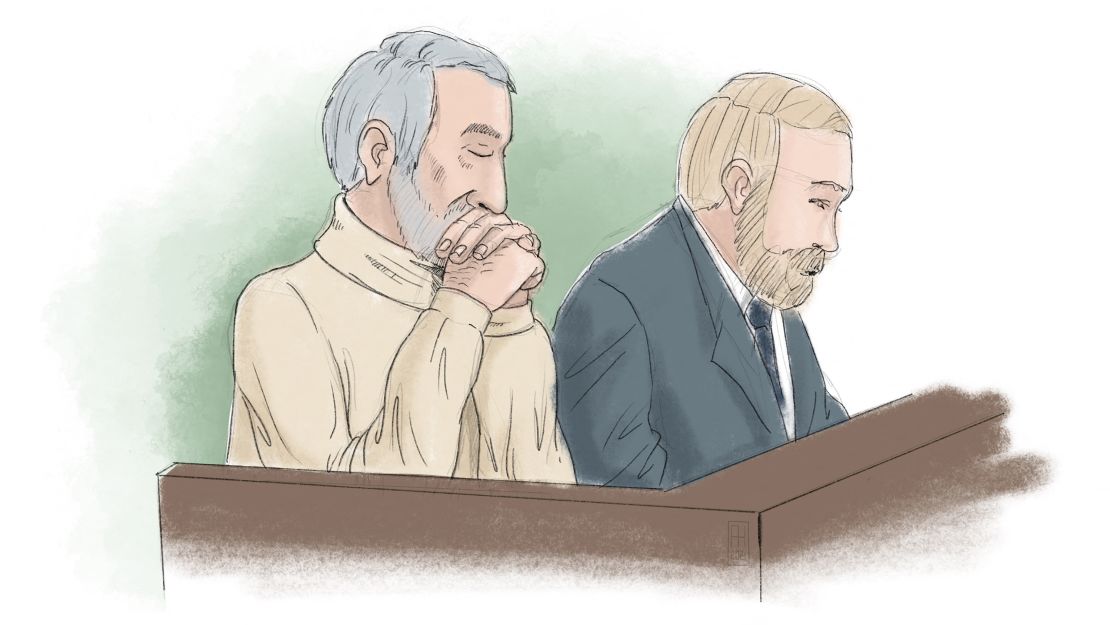 This courtroom sketch made on November 23, 2021 by Anders Humlebo shows Hamid Noury (left) and his attorney during Noury's war crime trial in Stockholm. Noury was freed in a prisoner swap with Iran, Sweden said on Saturday.