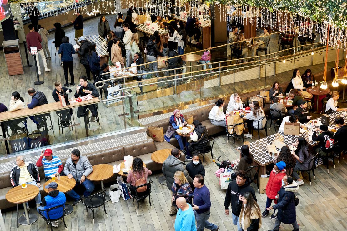 Shoppers eat at a food court at the Westfield Garden State Plaza mall on Black Friday in Paramus, New Jersey, in November 2021.