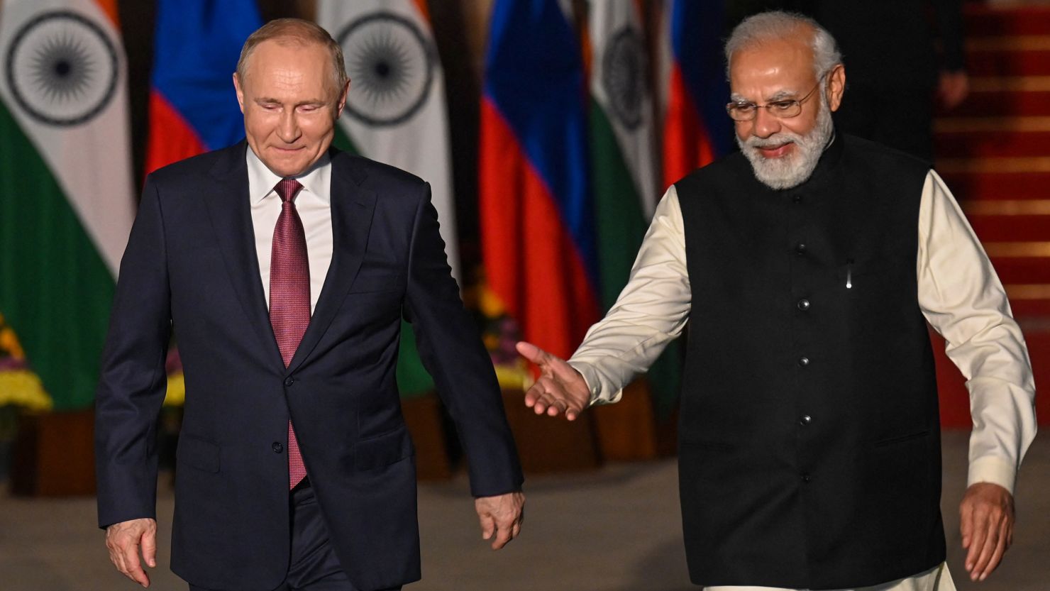 Vladimir Putin, left, and Narendra Modi, when the two met in late 2021. Ties remain strong despite Russia's isolation over the Ukraine war.