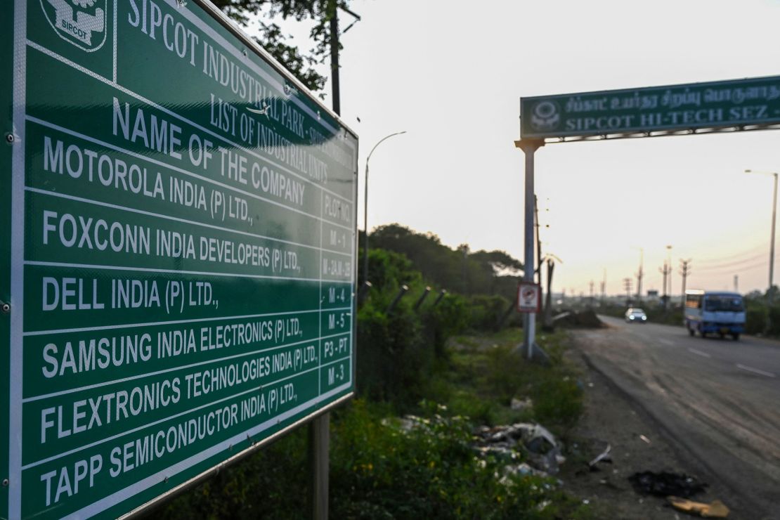 A sign board showing the plot information of Foxconn India's production unit at a special economic zone in Sriperumbudur, on the outskirts of Chennai. on December 28, 2021.