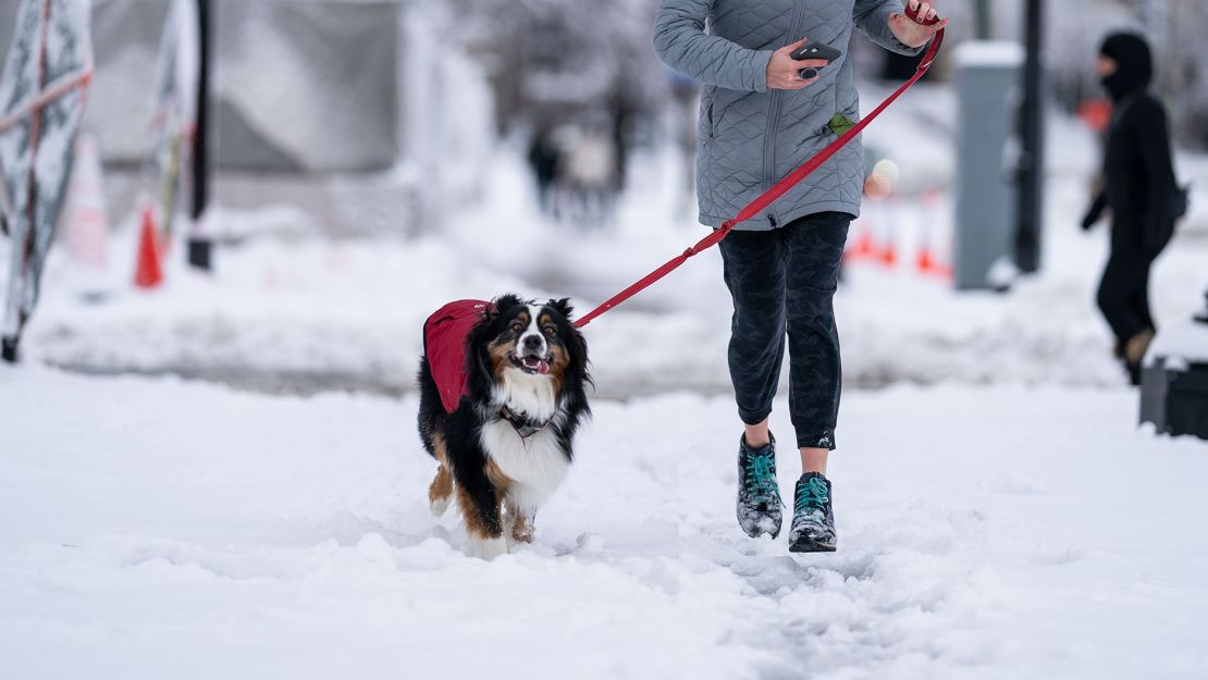 A woman runs with her dog along the snow-covered National Mall in January 2022 in Washington, DC.