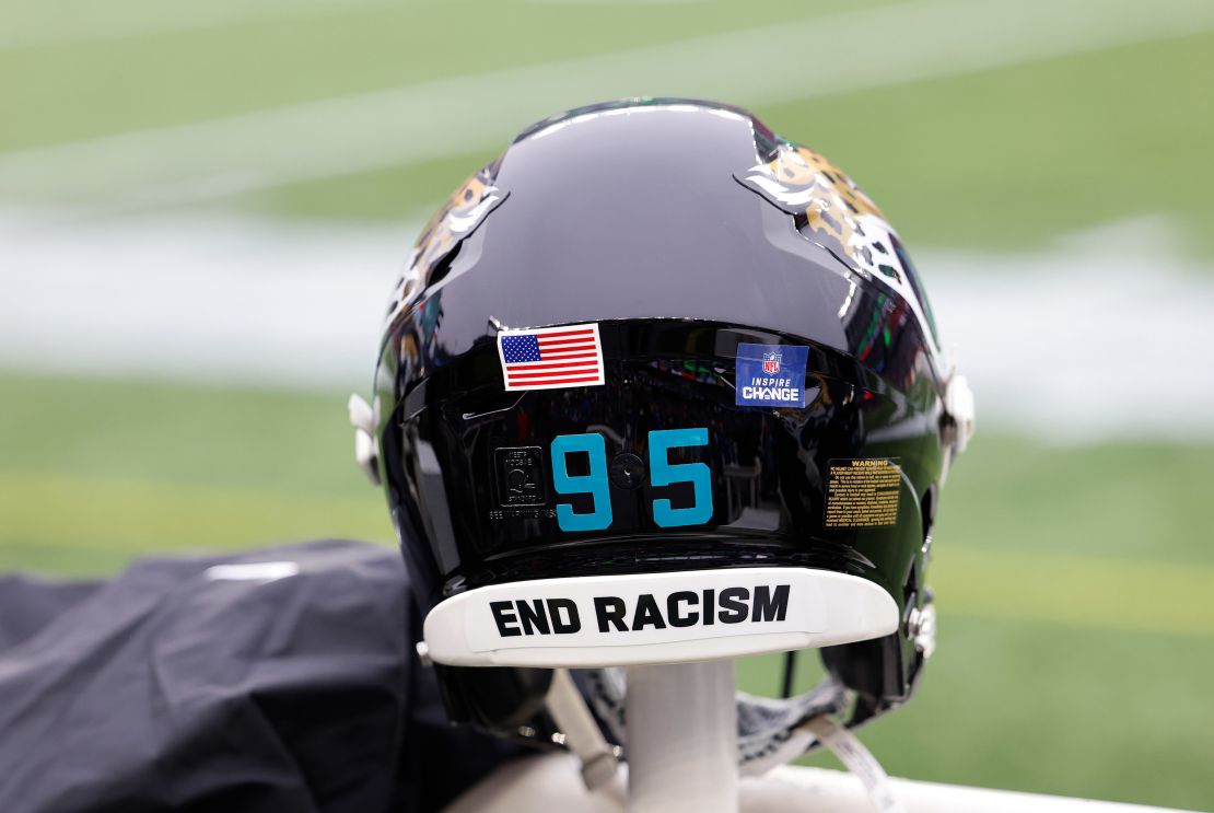 An "End Racism" message on the back of Jaguars helmet during a game between the New England Patriots and the Jacksonville Jaguars on January 2, 2022.