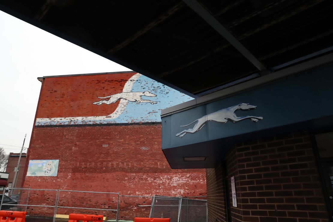 Outside the Greyhound Bus terminal in Portland, Maine, in 2021. The retro mural is coming down.