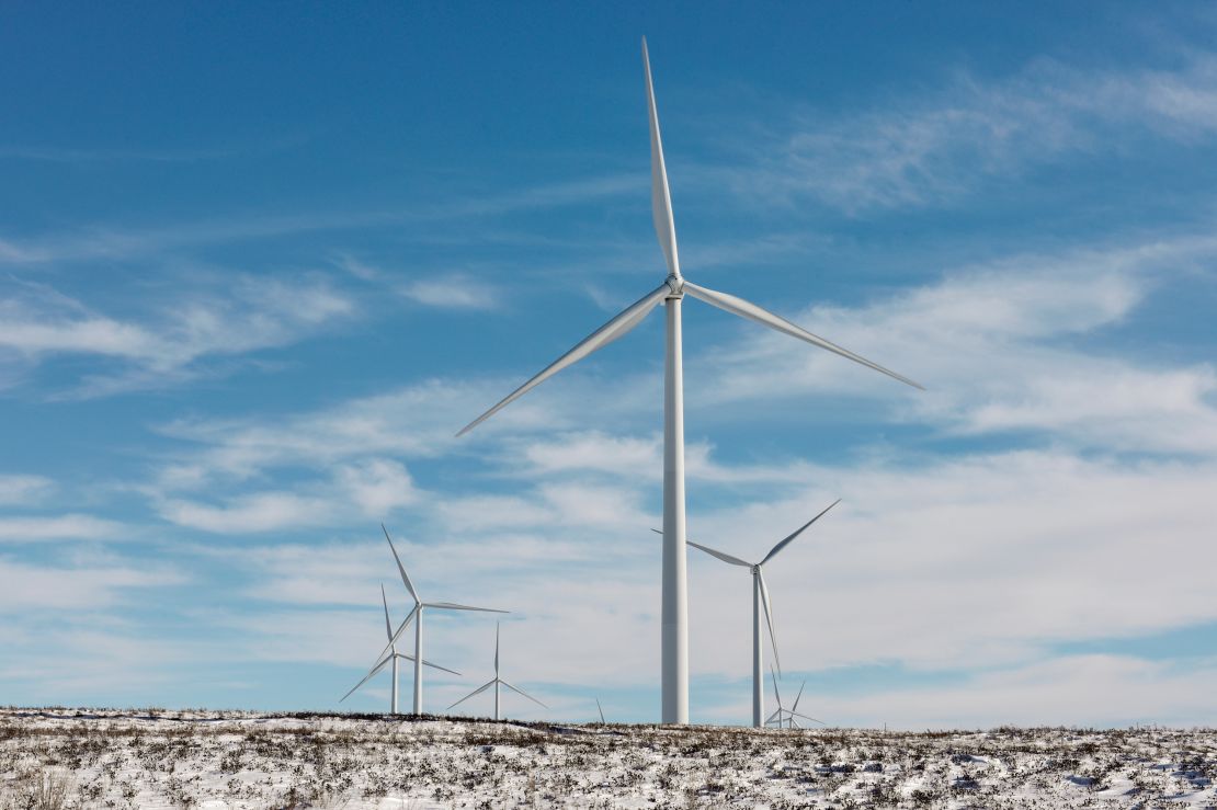 A cluster of wind turbines is seen near Wilton, North Dakota, on January 11, 2022.