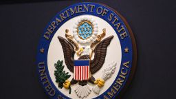 The State Department seal is seen on the briefing room lectern at the State Department in Washington, DC, on January 31, 2022.