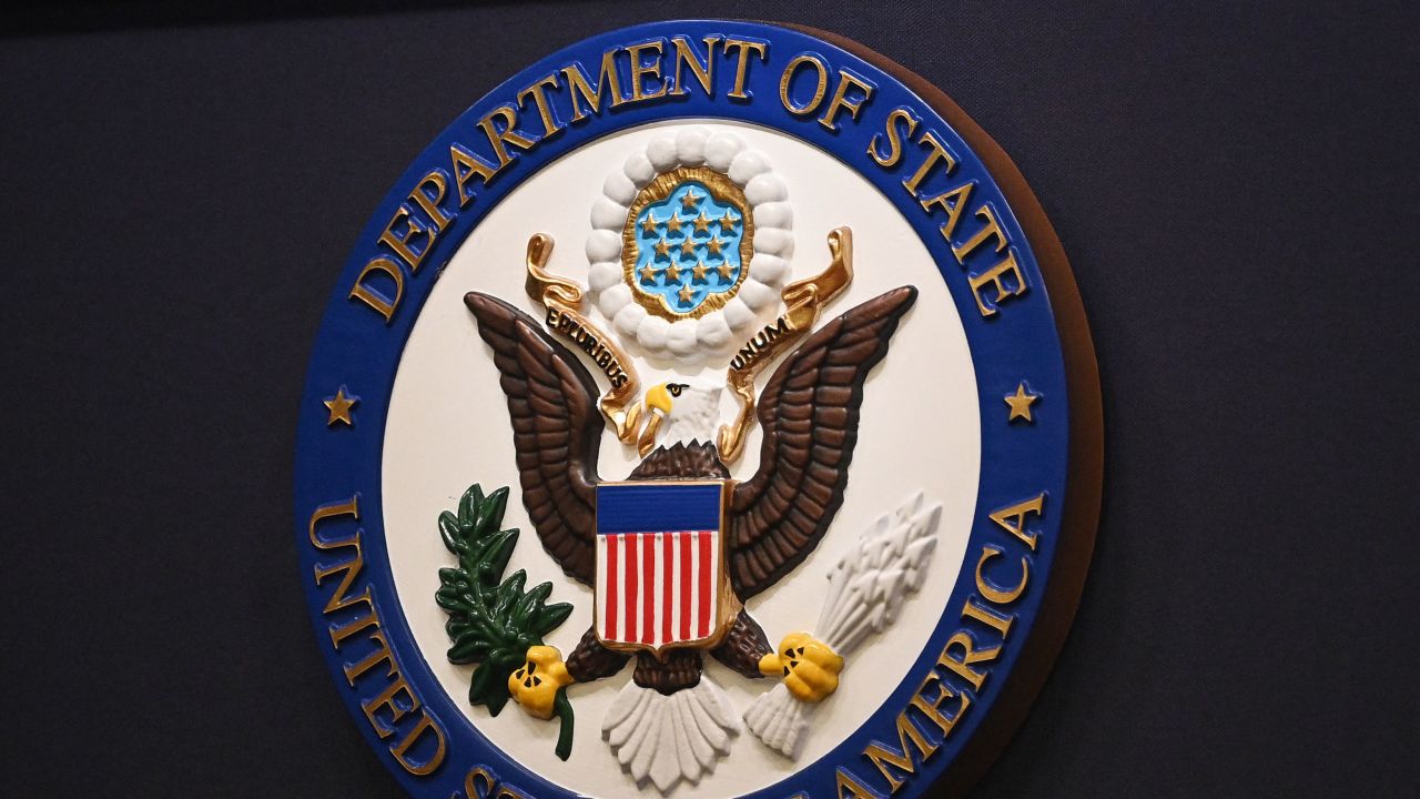 The State Department seal is seen on the briefing room lectern at the State Department in Washington, DC, on January 31, 2022.