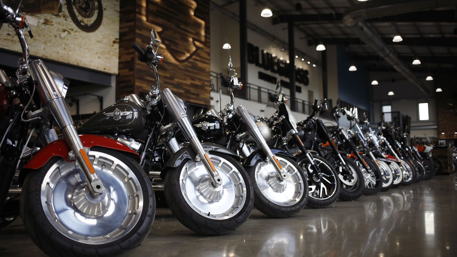 Motorcycles on the showroom floor at the Bluegrass Harley-Davidson dealership in Louisville, Kentucky.